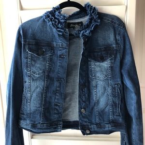 Dark Blue Denim Jacket with Ruffle Detail